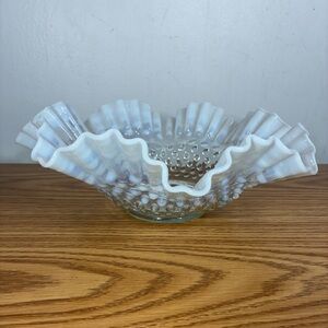 Fenton Opalescent Hobnail Ruffled Glass Bowl 10.5”